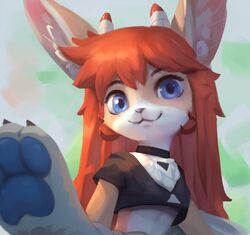  anthro blue_eyes blue_paws bottomwear clothing elodoart female hair hi_res horn looking_at_viewer mammal pawpads paws red_hair shorts smile smiling_at_viewer solo 