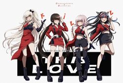  4girls alternate_costume bare_shoulders belt black_belt black_footwear black_gloves black_hair black_shorts black_skirt blackpink blue_hair blunt_bangs blush boots braid breasts brown_hair clothing_request collarbone commentary copyright_name criis-chan crop_top cross-laced_footwear danganronpa_(series) danganronpa_2:_goodbye_despair danganronpa_v3:_killing_harmony dress flipped_hair frown gloves hair_horns hair_ornament hair_tie hand_on_own_hip hands_up harukawa_maki jacket k-pop lace-up_boots leg_up long_hair long_sleeves looking_at_viewer low_twintails medium_breasts medium_hair midriff mioda_ibuki multicolored_hair multiple_girls nanami_chiaki open_mouth pencil_skirt piercing pink_eyes pink_hair red_dress red_eyes red_jacket red_nails short_shorts shorts simple_background single_glove skirt smile sonia_nevermind teeth thighhighs twintails twitter_username unmoving_pattern upper_teeth_only very_long_hair white_background white_hair 