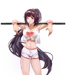  a-soul absurdres arms_up bare_legs bella_(a-soul) black_hair breasts cleavage collarbone commentary cowboy_shot crop_top english_commentary female hairband heart highres large_breasts long_hair looking_at_viewer navel parted_lips pink_hairband pink_wristband ponytail purple_eyes shenqi_de_(9) shorts simple_background solo sweat tank_top very_long_hair virtual_youtuber wet white_background white_shorts white_tank_top 