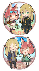  1boy :d alternate_costume animal_ears bag bare_arms bird blonde_hair blush bow_(weapon) brown_hair calm_mashiro casual chibi closed_eyes coat dress falcon falconry female full_body goggles goggles_on_head green_dress green_eyes hair_between_eyes handbag holding holding_bow_(weapon) holding_weapon hound_(sekaiju) hound_2_(sekaiju) long_hair open_mouth outdoors rabbit_ears round_image sekaiju_no_meikyuu sekaiju_no_meikyuu_5 short_hair shorts smile strapless thighhighs tube_top warlock_(sekaiju) warlock_3_(sekaiju) weapon yellow_eyes 