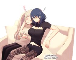  2girls black_shorts black_tank_top blue_eyes blue_hair breasts brown_pants brown_sweater byleth_(female)_(fire_emblem) byleth_(fire_emblem) cleavage cleavage_cutout closed_eyes clothing_cutout commentary_request couch dated edelgard_von_hresvelg fire_emblem fire_emblem:_three_houses grey_hair heart holding_hands jewelry large_breasts long_sleeves medium_hair multiple_girls navel pants pantyhose parted_bangs pillow ring short_sleeves shorts sidelocks smile sweater tank_top turtleneck turtleneck_sweater wedding_ring white_background wife_and_wife yukiyanagi_raki yuri 