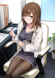  banned_artist black_dress breasts brown_eyes brown_hair brown_legwear chair cleavage collarbone commentary_request dress female glasses highres holding holding_pen ikomochi jacket jewelry keyboard_(computer) large_breasts long_hair long_sleeves looking_at_viewer mouse_(computer) necklace nurse office_chair open_clothes open_jacket original pantyhose pen plant potted_plant rimless_eyewear sitting smile solo stethoscope white_jacket wing_collar 