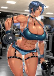  abs ahoge anima_(togashi) biceps blue_eyes blue_hair breasts ceiling_light choker covered_nipples dark-skinned_female dark_skin dumbbell english_commentary exercising female gym highres large_breasts lights lips muscular muscular_female nike_(company) original shoes sneakers solo sports_bra steam steaming_body sweat sweatdrop thick_thighs thigh_strap thighs treadmill underwear weightlifting 