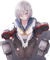  :d ammunition between_breasts black_pantyhose black_skirt blue_eyes blush breasts buttons cleavage collarbone female from_above full_body gloves grey_footwear grey_hair hair_ornament hair_over_one_eye hairclip hamakaze_(kancolle) hands_on_lap highres kantai_collection knees_together_feet_apart large_breasts looking_at_viewer machinery miniskirt open_mouth own_hands_together pale_skin pantyhose pleated_skirt school_uniform serafuku shirt shoes short_hair short_sleeves simple_background sitting skirt smile solo strap_between_breasts thigh_strap torn_clothes torn_pantyhose torn_shirt torpedo v_arms wariza white_background white_gloves yukiguni_yuu 