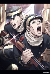  2boys :d :o bad_id bad_twitter_id belt_pouch black_eyes black_hair black_headwear brothers day glint golden_kamuy gun hand_up hat highres holding holding_gun holding_weapon imperial_japanese_army kepi long_sleeves male_focus menma_kozo military military_hat military_uniform multiple_boys nikaidou_kouhei nikaidou_youhei open_mouth pouch rifle shouting siblings smile star_(symbol) twins twitter_username two-tone_headwear uniform weapon yellow_headwear 