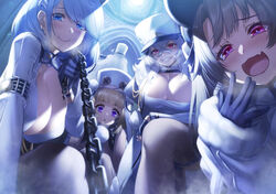  5girls azur_lane bandaid bandaid_on_cheek bandaid_on_face black_gloves black_hair black_thighhighs blonde_hair blue_eyes blue_hair blush breasts breath chain_pull chains chapayev_(azur_lane) cleavage closed_mouth coat coat_dress commentary_request crossed_bangs fingerless_gloves fur-trimmed_coat fur_trim gangut_(azur_lane) gloves grin grozny_(azur_lane) hair_between_eyes hair_ornament hairclip hat highres huge_breasts jacket ken_ill large_breasts leaning_forward long_hair long_sleeves looking_at_viewer military_hat mole mole_on_breast mole_under_eye multiple_girls oerba_yun_fang open_mouth pamiat_merkuria_(azur_lane) pantyhose parted_lips peaked_cap pov purple_eyes red_eyes short_hair smile sovetskaya_rossiya_(azur_lane) teeth thighhighs very_long_hair white_coat white_hair white_headwear white_jacket 