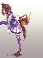  animal_ears back_bow bow breasts brown_footwear brown_hair chocolate commentary_request female food foot_kabedon foot_out_of_frame from_side gradient_background hand_on_own_hip holding holding_chocolate holding_food horse_ears horse_girl horse_tail kabedon leg_up loafers long_hair long_sleeves medium_breasts mihasame multicolored_hair pleated_skirt puffy_sleeves purple_thighhighs red_eyes school_uniform shoes sirius_symboli_(umamusume) skirt solo streaked_hair tail thighhighs tracen_school_uniform umamusume very_long_hair white_bow white_hair winter_uniform 