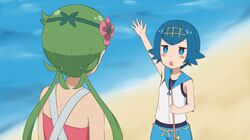  2girls arm_up bare_arms beach blue_eyes blue_hair blue_pants blue_sailor_collar blush_stickers bright_pupils commentary day fishing_rod flower green_hair grey_overalls hair_flower hair_ornament hairband highres holding holding_fishing_rod lana_(pokemon) long_hair mallow_(pokemon) multiple_girls non_non_biyori nyanpassu~ one-piece_swimsuit open_mouth outdoors overalls pants parody pink_flower pokemon pokemon_sm rutorifuki sailor_collar sand shirt short_hair sleeveless sleeveless_shirt swimsuit swimsuit_under_clothes twintails water white_pupils white_shirt yellow_hairband 