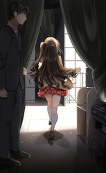  1boy absurdres black_eyes black_footwear black_hair black_jacket black_pants black_suit blush brown_footwear brown_hair brown_jacket closed_mouth collared_shirt commentary curtains dark day dress_shirt facing_away female formal from_behind from_side full_body grey_necktie highres idolmaster idolmaster_cinderella_girls indoors jacket kneehighs long_hair long_sleeves miniskirt necktie one_side_up open_clothes open_jacket pants pentagon_(railgun_ky1206) plaid plaid_skirt pleated_skirt producer_(idolmaster) producer_(idolmaster_cinderella_girls_anime) profile red_skirt ribbed_legwear school_uniform shimamura_uzuki shirt shoe_soles shoes skirt smile socks suit sunlight very_long_hair walking white_shirt white_socks window 