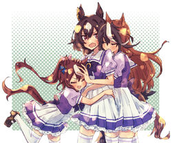  3girls animal_ears back_bow blush border bow brown_footwear brown_hair commentary_request ear_ornament hair_between_eyes hands_on_another&#039;s_head horse_ears horse_girl horse_tail hug hug_from_behind loafers long_hair mihasame multicolored_hair multiple_girls open_mouth petticoat pleated_skirt polka_dot polka_dot_background ponytail puffy_short_sleeves puffy_sleeves purple_bow purple_shirt red_eyes school_uniform shirt shoes short_sleeves sirius_symboli_(umamusume) skirt smile streaked_hair summer_uniform symboli_rudolf_(umamusume) tail thighhighs tokai_teio_(umamusume) tracen_school_uniform umamusume wavy_mouth white_border white_hair white_skirt white_thighhighs zettai_ryouiki 