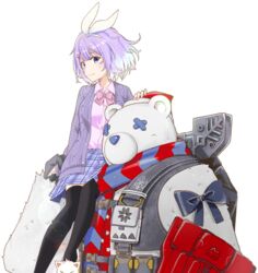  1boy animal_costume animal_slippers apex_legends bear_costume blue_hair breasts brudda_bear_gibraltar cardigan cat_slippers collared_shirt colored_inner_hair female gibraltar_(apex_legends) grey_cardigan hair_ribbon hat highres looking_at_viewer medium_breasts multicolored_hair nijisanji nijisanji_kr nun_bora nun_bora_(2nd_costume) pink_shirt purple_hair ribbon santa_hat school_uniform shirt sitting sitting_on_shoulder slippers thighhighs tonogai_yoshiki virtual_youtuber white_background white_ribbon 