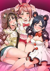  3girls animal_costume animal_ears animal_hands azuna_(love_live!) bear_costume blue_eyes blue_shorts bow bowtie breasts brown_hair cleavage dress exciting_animal_(love_live!) fake_animal_ears fake_tail gloves grey_eyes hair_bun highres large_breasts long_hair looking_at_viewer love_live! love_live!_nijigasaki_high_school_idol_club lying multiple_girls on_side one_side_up open_mouth osaka_shizuku panda_ears paw_gloves paw_pose rabbit_costume red_hair red_shorts shiro_(nitto) shirt short_hair shorts sitting sleeveless sleeveless_shirt smile socks striped_clothes striped_socks tail uehara_ayumu white_dress yellow_eyes yuki_setsuna_(love_live!) 