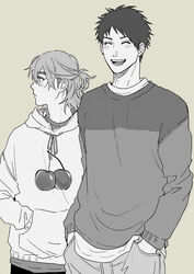  2boys :d blush_stickers cherry_print closed_eyes closed_mouth cousins drawstring facing_viewer food_print hands_in_pockets height_difference hood hood_down hoodie kashima_yuu_(yarichin_bitch-bu) long_sleeves looking_to_the_side male_focus medium_hair monochrome multiple_boys official_art ogeretsu_tanaka open_mouth pants shirt short_hair smile sweater upper_body yaguchi_kyousuke yarichin_bitch-bu 