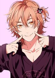  1boy collarbone fingers_to_cheeks hair_ornament head_tilt long_sleeves looking_at_viewer male_focus medium_hair official_art ogeretsu_tanaka orange_eyes orange_hair pink_background portrait purple_shirt shirt simple_background smile solo yaguchi_kyousuke yarichin_bitch-bu 