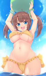  arms_up ass_visible_through_thighs ball beachball belly bikini blue_eyes blue_sky bow bowtie bracelet breasts brown_hair cameltoe cloud commentary day female green_bracelet holding holding_ball jewelry kageira large_breasts long_hair looking_at_viewer md5_mismatch minori_(senran_kagura) navel oerba_yun_fang open_mouth outdoors scrunchie senran_kagura side-tie_bikini_bottom sky smile standing stomach swimsuit teeth twintails upper_teeth_only wading water wet wrist_scrunchie 