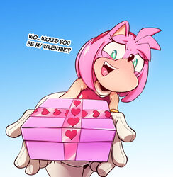  2022 accessory amy_rose anthro blue_background bodily_fluids box box_chan clothed clothed_anthro clothed_female clothing container dialogue dress english_text eulipotyphlan female female_anthro front_view gift hair hair_accessory hairband heart_symbol hedgehog hi_res holding_box holding_container holding_gift holding_object holidays leaning leaning_forward legwear looking_at_viewer looking_forward mammal nervous_smile open_mouth open_smile pink_ears pink_hair portrait red_clothing red_dress red_hairband sega simple_background smile solo sonic_the_hedgehog_(series) standing sweat talking_to_viewer text thigh_highs three-quarter_portrait valentine&#039;s_day 