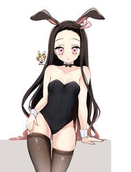  1boy :o absurdres agatsuma_zenitsu animal_ears bare_shoulders black_hair black_leotard breasts brown_hair commentary female forehead hair_ornament hair_ribbon highres kamado_nezuko kimetsu_no_yaiba leotard long_hair nail_polish pink_eyes pink_nails pink_ribbon playboy_bunny pori_(kmt_pori) protected_link rabbit_ears ribbon strapless strapless_leotard symbol-only_commentary thighhighs wrist_cuffs 