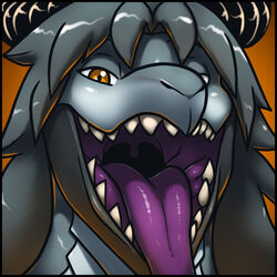  1:1 anthro black_border black_horn blue_body border dragon duel_monster fur_hire horn james_howard konami looking_at_viewer male mouth_shot mythological_creature mythological_scalie mythology open_mouth orange_background orange_eyes rafale_champion_fur_hire scalie sharp_teeth simple_background solo teeth tongue tongue_out uvula yu-gi-oh! 