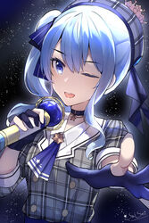  ;d beret blue_eyes blue_gloves blue_hair blue_necktie buttons choker commentary crown double-breasted female gloves grey_hat hair_between_eyes hat highres holding holding_microphone hololive hoshimachi_suisei hoshimachi_suisei_(1st_costume) medium_hair microphone music necktie one_eye_closed open_mouth partially_fingerless_gloves plaid_headwear singing sky smile snozaki solo star_(sky) star_(symbol) star_in_eye starry_sky symbol-shaped_pupils symbol_in_eye virtual_youtuber 