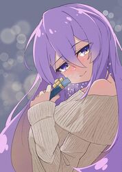  alternate_costume blush colored_inner_hair female highres hololive hololive_indonesia long_hair midoku_(itijikusakura) moona_hoshinova multicolored_hair off-shoulder_sweater off_shoulder purple_eyes purple_hair smile star_(symbol) starry_hair sweater virtual_youtuber visible_air 