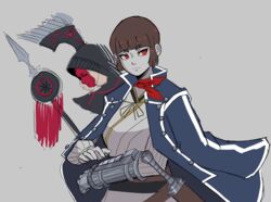  belt blunt_bangs brown_eyes brown_hair chef033 coat female highres isabeau_(megami_tensei) looking_at_viewer red_eyes shin_megami_tensei shin_megami_tensei_iv short_hair simple_background solo sword weapon 