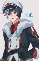  1boy alternate_eye_color belt black_coat black_gloves black_necktie blue_hair buttons coat commentary double-breasted earmuffs emoji fur-trimmed_coat fur_trim gloves hat highres jacket ka_i_to0 kaito_(vocaloid) long_sleeves male_focus military military_uniform multicolored_eyes multicolored_hair naval_uniform necktie open_mouth peaked_cap red_eyes red_shirt shirt smile snowflakes solo uniform vocaloid waves white_jacket yuki_kaito yuki_kaito_(2022) 