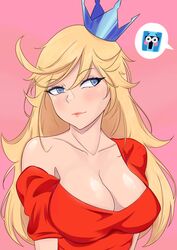  1boy 5mhmyhead absurdres babe_(jump_king) blonde_hair blue_eyes blush breasts cleavage collarbone crown female highres jump_king jump_king_(character) large_breasts long_hair pink_background puffy_short_sleeves puffy_sleeves shadow short_sleeves simple_background single_bare_shoulder solo_focus strap_slip upper_body 