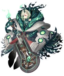  bare_shoulders dark_persona empty_eyes expressionless eyepatch female full_body green_hair half-nightmare holding holding_sword holding_weapon horns ji_no little_match_girl_(sinoalice) looking_at_viewer official_art oversized_clothes pale_skin red_eyes scarf single_horn sinoalice solo sword transparent_background weapon 