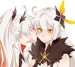  2girls ahoge bare_shoulders blush closed_eyes cloud_ya commentary dual_persona english_commentary facing_another fur_collar hair_between_eyes hair_ornament highres honkai_(series) honkai_impact_3rd kiana_kaslana kiana_kaslana_(herrscher_of_flamescion) kiana_kaslana_(herrscher_of_the_void) kissing kissing_cheek multiple_girls ponytail selfcest upper_body white_background white_hair yellow_eyes yuri 