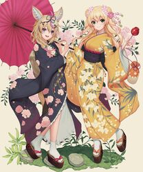  2girls absurdres alternate_costume animal_ears baeg_mi black_kimono blonde_hair candy_apple floral_print food fox_ears fox_girl fox_tail full_body furisode highres holding holding_umbrella hololive japanese_clothes kimono long_hair looking_at_viewer momosuzu_nene multiple_girls obi oil-paper_umbrella okobo omaru_polka print_kimono sandals sash smile tabi tail umbrella virtual_youtuber wide_sleeves yellow_kimono 