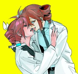  2girls ataman_ita_(synthesizer_v) black_gloves black_necktie blue_shirt collared_shirt drill_hair french_kiss gloves huan1034097 igaku_(utau) injection kasane_teto kasane_teto_(sv) kissing lab_coat long_sleeves looking_at_viewer multiple_girls necktie pill pink_hair puffy_long_sleeves puffy_sleeves red_eyes red_hair selfcest shirt simple_background synthesizer_v twin_drills upper_body utau white_shirt wing_collar yellow_background 