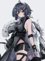  ahoge arknights black_gloves black_shirt black_shorts breasts cowboy_shot female fingerless_gloves gloves grey_eyes highres jacket kari90909 la_pluma_(arknights) looking_at_viewer shirt short_hair_with_long_locks short_shorts shorts sleeveless sleeveless_shirt small_breasts solo thighs white_background 