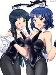  2girls :d absurdres animal_ears antenna_hair bare_shoulders black_leotard black_necktie blue_hair blush breasts brown_eyes cleavage collar collarbone covered_navel cowboy_shot detached_collar dot_nose fishnet_pantyhose fishnets gloves hairband highres idolmaster idolmaster_million_live! idolmaster_million_live!_theater_days kitakami_reika large_breasts leotard long_hair looking_at_viewer multiple_girls necktie one_eye_closed open_mouth pantyhose playboy_bunny rabbit_ears rabbit_tail short_hair simple_background smile standing straight_hair tail takatsuki_p toyokawa_fuka twintails twitter_username wavy_hair white_background white_collar white_gloves 