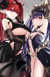  2girls armpits arms_up azur_lane bare_shoulders black_dress blue_dress blush breasts commentary_request covered_navel crown demon_girl demon_horns demon_tail dress elbow_gloves felix_schultz_(azur_lane) gloves hair_between_eyes half-closed_eyes hand_up highres hindenburg_(azur_lane) horns kazam_fm large_breasts long_hair midriff multiple_girls naughty_face navel purple_eyes purple_hair red_eyes red_hair revealing_clothes see-through sleeveless sleeveless_dress slit_pupils smile tail thighs twintails underboob very_long_hair 