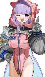  bb_dubai_(fate) blush commentary_request fate/grand_order fate_(series) female gloves grey_gloves highres hood hooded_leotard leotard long_sleeves nyokinyoki_18 open_mouth pink_leotard purple_eyes purple_hair simple_background smile solo standing teeth upper_teeth_only white_background zipper zipper_pull_tab 