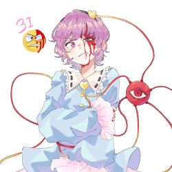  black_hairband bleeding_from_forehead blood blood_on_face blue_shirt buttons clenched_teeth commentary_request emoji female frilled_shirt_collar frilled_sleeves frills grabbing_own_arm hairband heart_button highres komeiji_satori long_sleeves looking_at_viewer pink_eyes pink_hair shirt short_hair simple_background solo teeth third_eye touhou upper_body ut0wv white_background 