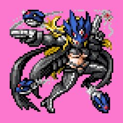  beelstarmon black_coat black_pants black_shirt blonde_hair blue_mask breasts chibi coat cropped_shirt digimon digimon_(creature) dual_wielding eye_mask firing full_body gun holding holding_gun holding_weapon large_breasts long_hair pants pink_background pixel_art rastadog77 red_eyes red_scarf scarf shirt simple_background third_eye underboob weapon 