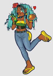  alternate_costume alternate_hairstyle alternate_skin_color aqua_eyes aqua_hair bare_shoulders belt bottle breasts commentary dark-skinned_female dark_skin denim dreadlocks earrings english_commentary flip-flops flower food full_body hair_flower hair_ornament hatsune_miku hibiscus highres holding holding_bottle holding_food jamaica jamaican_flag jeans jewelry kantankami leg_up lips long_hair midriff multicolored_nails navel necklace one_eye_closed open_mouth pants rasta ring sandals standing strapless tube_top twintails very_dark_skin vocaloid wristband yellow_footwear 