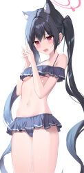  absurdres animal_ears bikini black_bikini black_hair blue_archive blue_ribbon blush breasts collarbone commentary female frilled_bikini frills hair_ribbon halo highres kukeylove long_hair looking_at_viewer medium_breasts navel official_alternate_costume open_mouth red_eyes red_halo ribbon serika_(blue_archive) serika_(swimsuit)_(blue_archive) simple_background solo standing swimsuit thighs twintails underboob very_long_hair white_background 