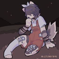  2024 anthro bandage bracelet canid canine clothed clothing evening fox fur grey_body grey_hair hair hair_over_eyes headgear headwear jewelry mammal overalls platinum_fox red_fox reina_(vinqou) solo topwear trans_(lore) trans_woman_(lore) true_fox vinqock white_body white_clothing white_fur white_headwear white_topwear 