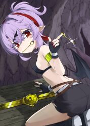  akisome_hatsuka armlet bat_hair_ornament bat_wings belt black_bra black_collar black_gloves black_shorts bra breasts collar feet_out_of_frame female fingerless_gloves fingernails gloves gold_armlet hair_between_eyes hair_ornament hair_ribbon holding holding_key jewelry key key_in_mouth looking_at_viewer medium_breasts pointy_ears ponytail purple_hair red_eyes red_nails red_ribbon remilia_scarlet ribbon sharp_fingernails short_hair shorts sideboob solo thighs touhou treasure treasure_chest underwear white_belt wings 