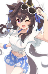  ;d animal_ears arm_up beret blue_ribbon blue_shorts breasts brown_hair collarbone commentary_request female floral_print hair_between_eyes hair_ribbon hat highres holding holding_removed_eyewear horse_ears horse_girl horse_tail long_hair looking_at_viewer meyamu multicolored_hair navel one_eye_closed print_shorts purple_eyes ribbon shirt short_sleeves shorts simple_background small_breasts smile solo streaked_hair sunglasses tail thigh_gap umamusume unworn_eyewear very_long_hair vivlos_(umamusume) white-framed_eyewear white_background white_hair white_hat white_shirt 