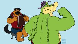  16:9 2024 alligator alligatorid anthro blue_background bottomwear brok_(brok_the_investigator) brok_the_investigator brown_body canid canine canis clothing cowcat_games crocodilian domestic_dog duo fan_character green_body hat headgear headwear hi_res hubie360 male mammal overweight overweight_male reptile scalie shirt shorts simple_background topwear widescreen 