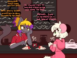  4:3 anthro ashley_(mewgle) beverage cake clothing dessert dialogue domestic_cat duo english_text felid feline felis female food hi_res male male/female mammal murid murine rat reggie_(whygena) rodent text whygena 