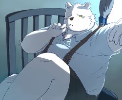  2024 absurd_res anthro bari_mu bear black_nose bottomwear clothing hi_res kemono male mammal one_eye_closed overweight overweight_male polar_bear shorts sitting solo suspenders ursine white_body wink 