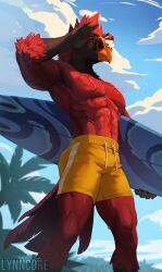  anthro avian beak biped bird cardinal_(bird) clothing cloud eyewear feathers hi_res lynncore male oscine palm_tree passerine plant red_body red_feathers sky solo sunglasses swimming_trunks swimwear tail tail_feathers tree wet wet_body 