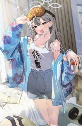  :d bedroom blue_archive blue_jacket breasts camisole cleavage clothes_writing cup disposable_cup female grey_eyes grey_hair grey_halo grey_shorts halo highres holding holding_cup indoors jacket konoka_(blue_archive) long_hair mask mask_pull medium_breasts mouth_mask narita_tamezou open_clothes open_jacket open_mouth shorts sleep_mask smile solo spaghetti_strap surgical_mask white_camisole white_mask 