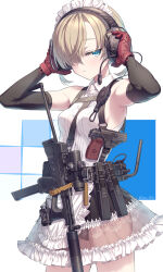  apron armpits black_panties blonde_hair blue_eyes breasts closed_mouth cowboy_shot detached_sleeves dress ear_protection female flashlight gloves gun hair_over_one_eye handgun hands_up highres holding holster holstered magazine_(weapon) maid maid_apron maid_headdress makarov_pm medium_breasts medium_hair microphone optical_sight original panties pouch pp-2000 radio red_gloves samaru_(seiga) see-through shoulder_holster sleeveless sleeveless_dress solo submachine_gun suppressor twitter_username underwear weapon white_dress 