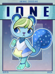  2022 3:4 animal_crossing anthro blue_body blue_border blue_ears blue_eyes blue_tail border card_template clothing colored cosmic_tail digit_ring digital_media_(artwork) dress english_text feet female green_eyelids green_hair hair hi_res ione_(animal_crossing) jewelry mammal nintendo purple_nose ring rodent sciurid shaded solo tail teal_inner_ear text toe_ring toes toon_draw tree_squirrel white_clothing white_dress 