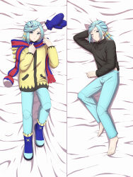  1boy absurdres arice487 barefoot bed_sheet blue_footwear blue_scarf boots closed_mouth commentary_request dakimakura_(medium) eyelashes from_above grusha_(pokemon) hands_up highres jacket long_sleeves looking_at_viewer lying male_focus on_back one_eye_closed pants pokemon pokemon_sv scarf shirt striped_clothes striped_scarf toes unworn_mittens yellow_jacket 